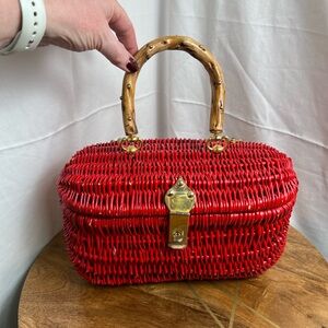 Red Basket Handbag with Bamboo Handle